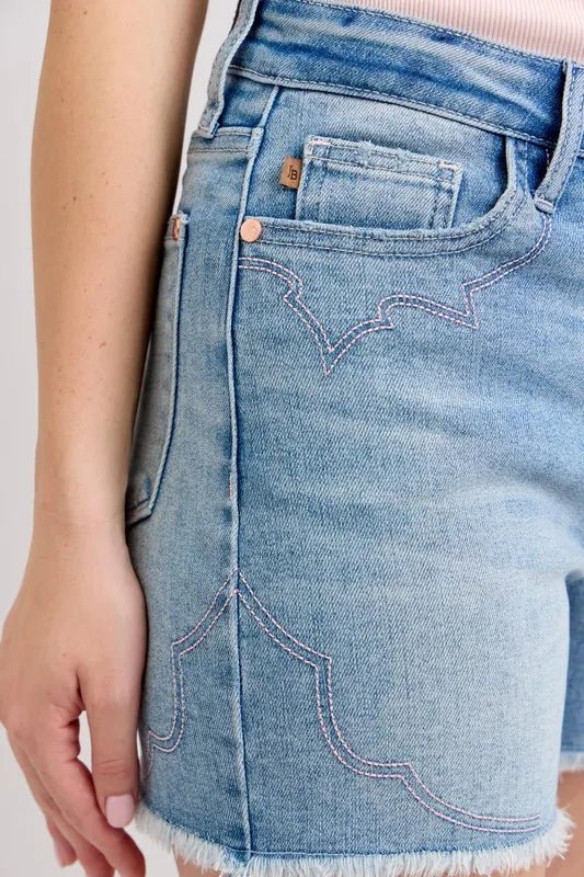 Judy Blue High Waist Western Embroidery Cut Off Denim Shorts - Love Salve